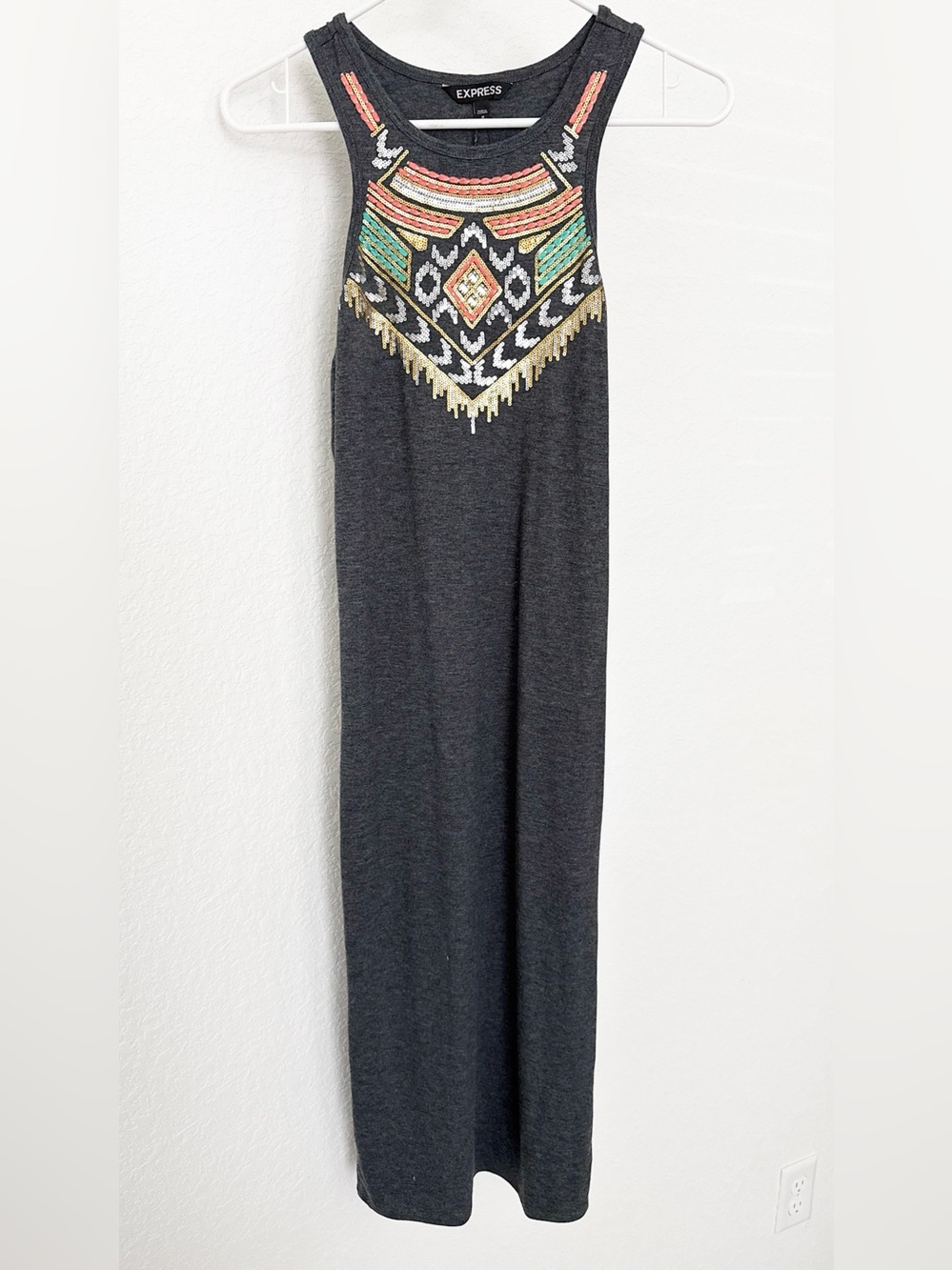 Express Charcoal Maxi Dress with Colorful Embroidered Neckline